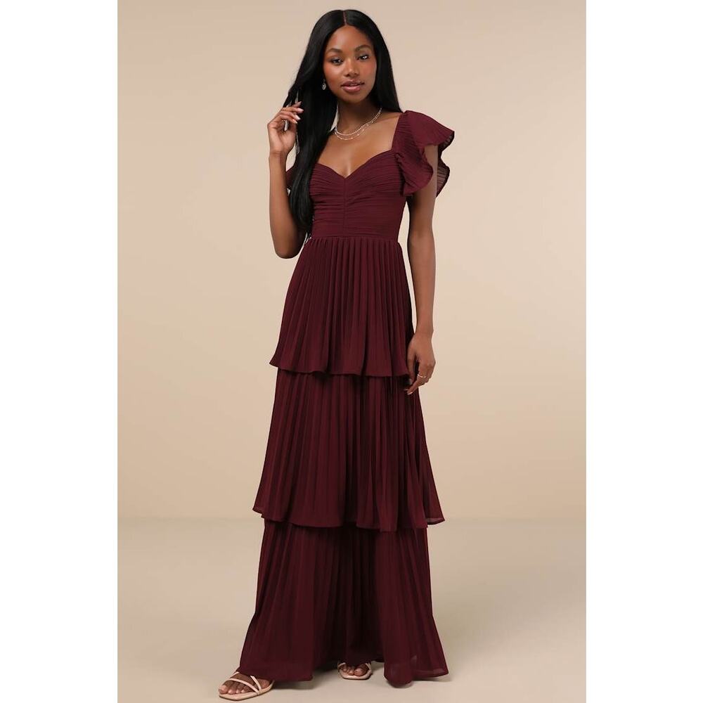 Lulus Notorious Charm Plum Purple Pleated Flutter Sleeve Maxi Dress Medium